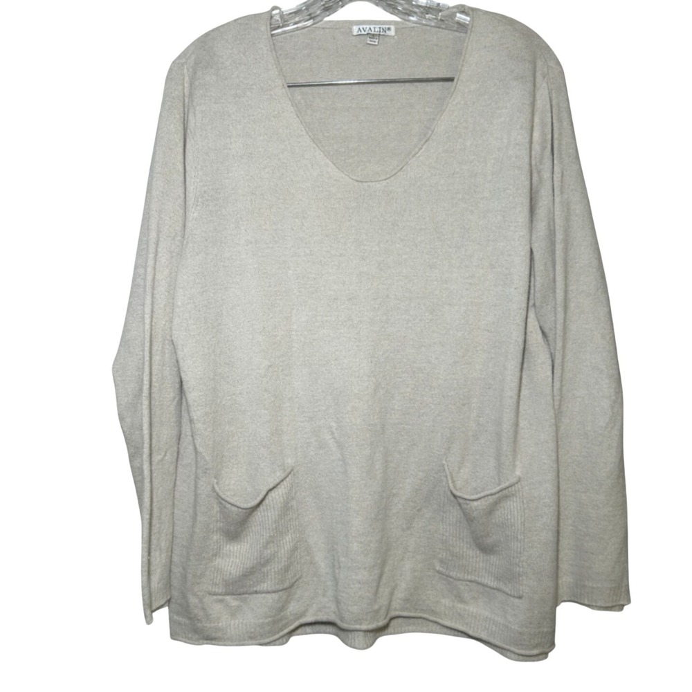 Avalin Womens Linen Cotton Blend V-Neck Light Sweater Beige Oatmeal Large